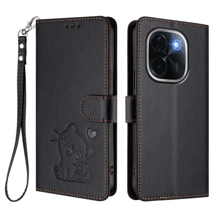 For vivo iQOO Z9s Pro / vivo T3 Pro 5G Embossed Heart Cat Leather Phone Case with Hand Strap