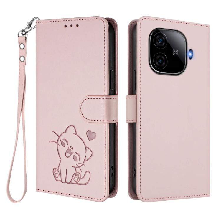 For vivo iQOO Z9 / iQOO Z9 Turbo Embossed Heart Cat Leather Phone Case with Hand Strap