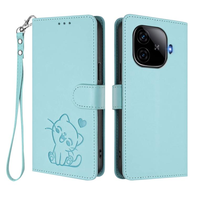 For vivo iQOO Z9 / iQOO Z9 Turbo Embossed Heart Cat Leather Phone Case with Hand Strap