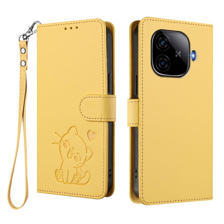 For vivo iQOO Z9 / iQOO Z9 Turbo Embossed Heart Cat Leather Phone Case with Hand Strap