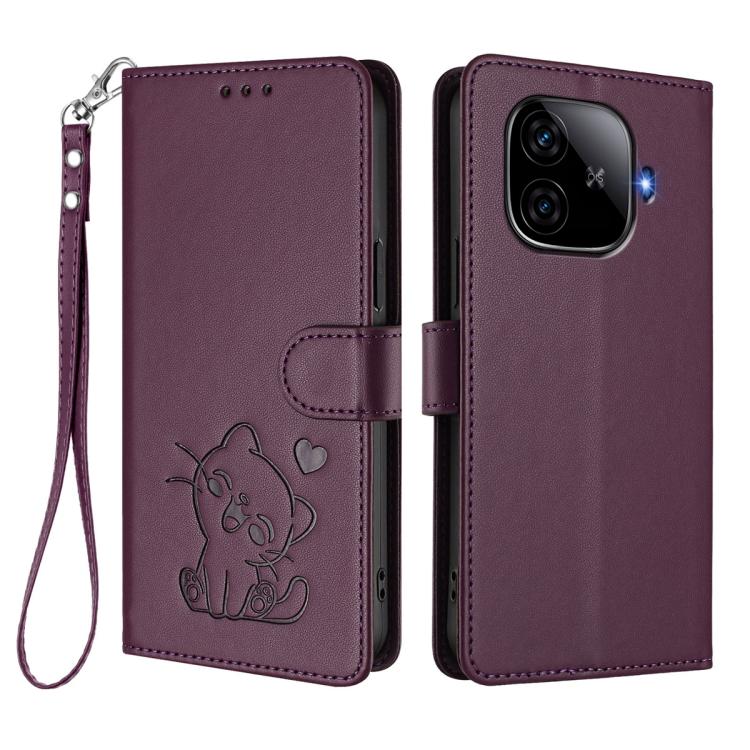 For vivo iQOO Z9 / iQOO Z9 Turbo Embossed Heart Cat Leather Phone Case with Hand Strap