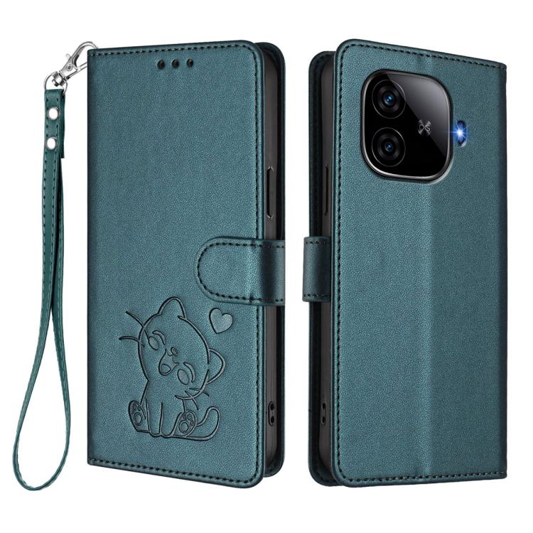 For vivo iQOO Z9 / iQOO Z9 Turbo Embossed Heart Cat Leather Phone Case with Hand Strap