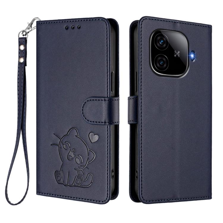 For vivo iQOO Z9 / iQOO Z9 Turbo Embossed Heart Cat Leather Phone Case with Hand Strap