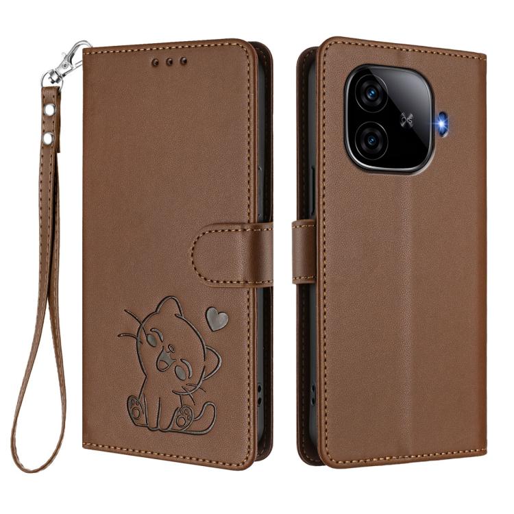 For vivo iQOO Z9 / iQOO Z9 Turbo Embossed Heart Cat Leather Phone Case with Hand Strap