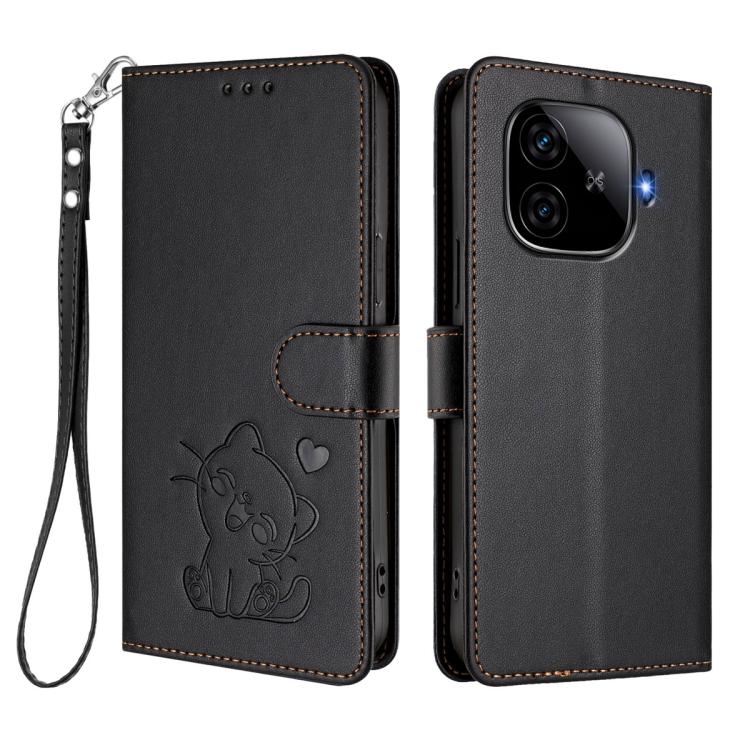 For vivo iQOO Z9 / iQOO Z9 Turbo Embossed Heart Cat Leather Phone Case with Hand Strap