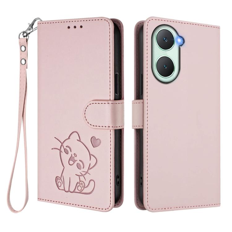 For vivo iQOO Z9 Lite / Y18 / Y28s / Y37m 5G Embossed Heart Cat Leather Phone Case with Hand Strap
