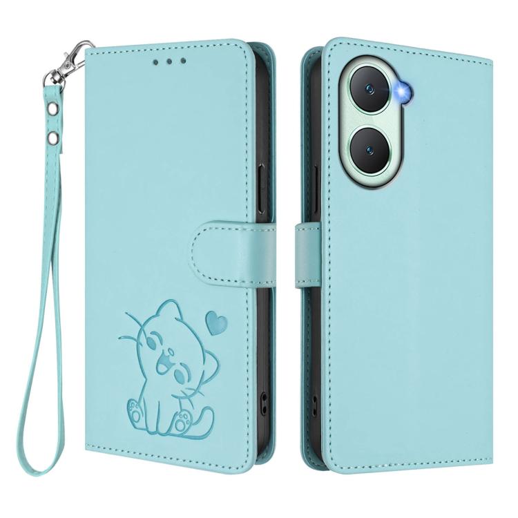 For vivo iQOO Z9 Lite / Y18 / Y28s / Y37m 5G Embossed Heart Cat Leather Phone Case with Hand Strap