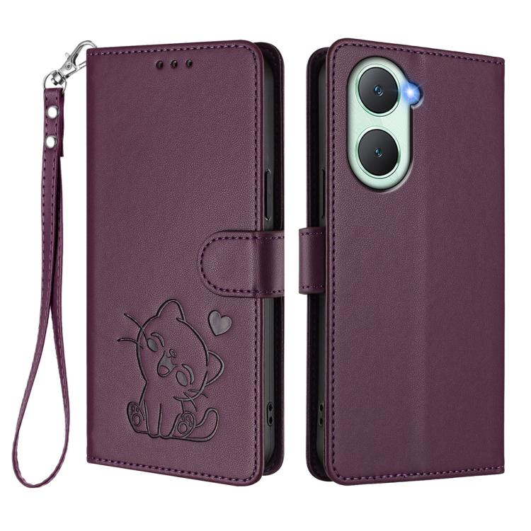 For vivo iQOO Z9 Lite / Y18 / Y28s / Y37m 5G Embossed Heart Cat Leather Phone Case with Hand Strap
