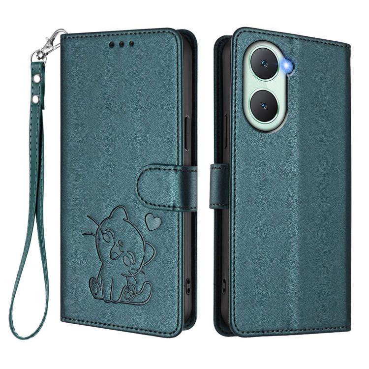 For vivo iQOO Z9 Lite / Y18 / Y28s / Y37m 5G Embossed Heart Cat Leather Phone Case with Hand Strap