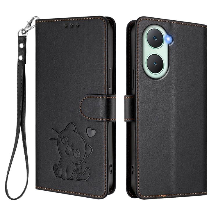 For vivo iQOO Z9 Lite / Y18 / Y28s / Y37m 5G Embossed Heart Cat Leather Phone Case with Hand Strap