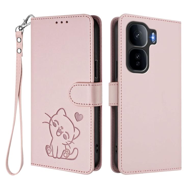 For vivo iQOO Neo 10+ 5G Embossed Heart Cat Leather Phone Case with Hand Strap