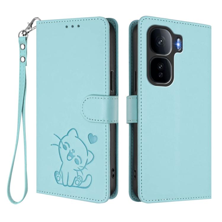 For vivo iQOO Neo 10+ 5G Embossed Heart Cat Leather Phone Case with Hand Strap