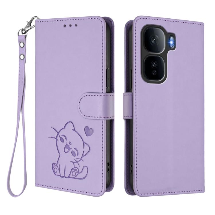 For vivo iQOO Neo 10+ 5G Embossed Heart Cat Leather Phone Case with Hand Strap