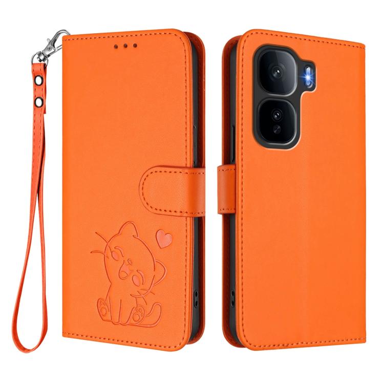For vivo iQOO Neo 10+ 5G Embossed Heart Cat Leather Phone Case with Hand Strap