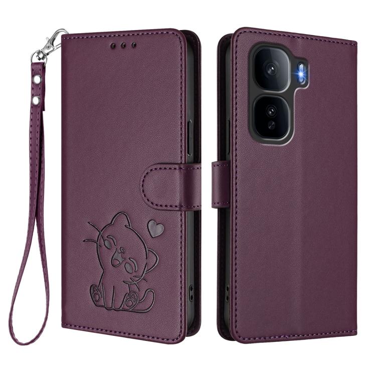 For vivo iQOO Neo 10+ 5G Embossed Heart Cat Leather Phone Case with Hand Strap