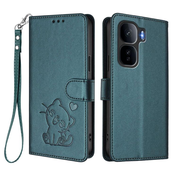 For vivo iQOO Neo 10+ 5G Embossed Heart Cat Leather Phone Case with Hand Strap