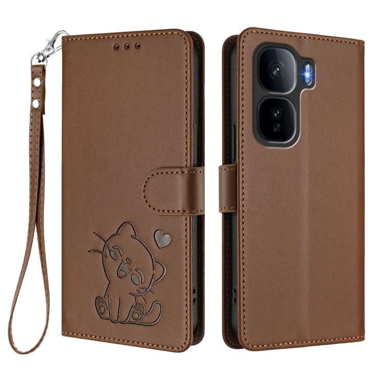 For vivo iQOO Neo 10+ 5G Embossed Heart Cat Leather Phone Case with Hand Strap