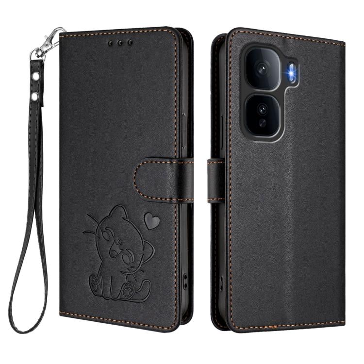 For vivo iQOO Neo 10+ 5G Embossed Heart Cat Leather Phone Case with Hand Strap