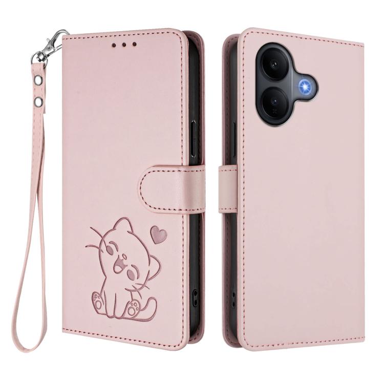 For vivo V60 Lite 5G Global Embossed Heart Cat Leather Phone Case with Hand Strap