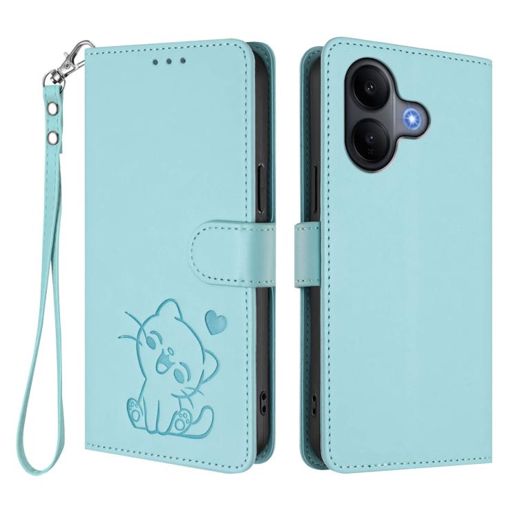 For vivo V60 Lite 5G Global Embossed Heart Cat Leather Phone Case with Hand Strap