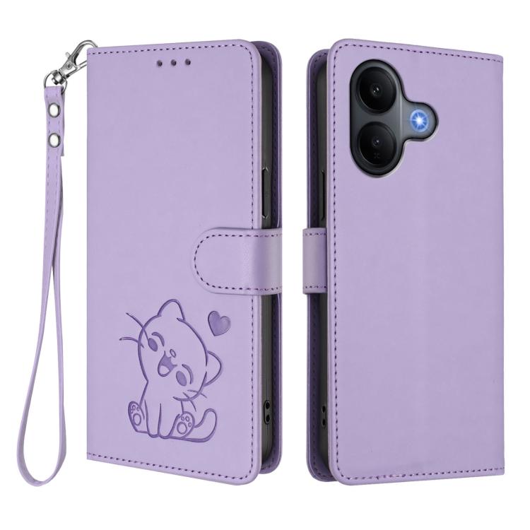For vivo V60 Lite 5G Global Embossed Heart Cat Leather Phone Case with Hand Strap