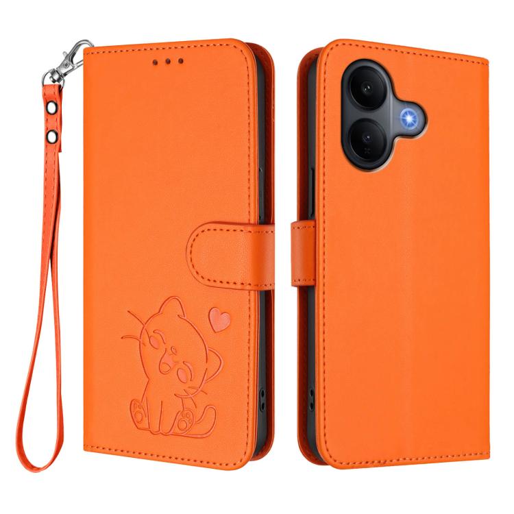 For vivo V60 Lite 5G Global Embossed Heart Cat Leather Phone Case with Hand Strap