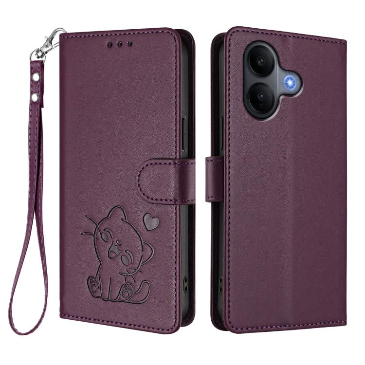 For vivo V60 Lite 5G Global Embossed Heart Cat Leather Phone Case with Hand Strap