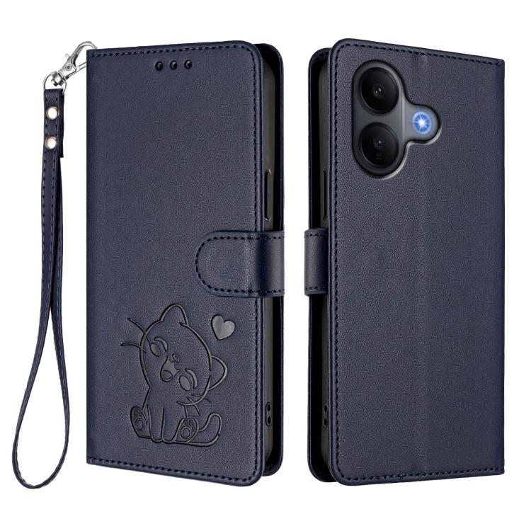 For vivo V60 Lite 5G Global Embossed Heart Cat Leather Phone Case with Hand Strap