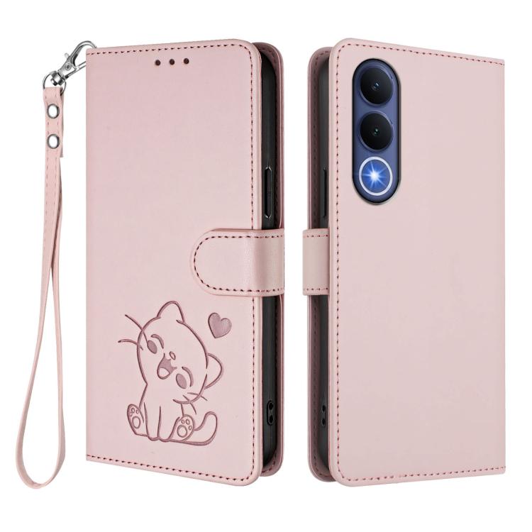 For vivo V70 FE 5G Embossed Heart Cat Leather Phone Case with Hand Strap