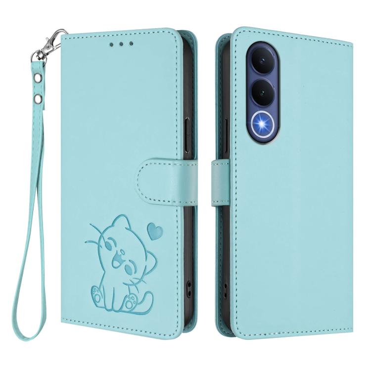 For vivo V70 FE 5G Embossed Heart Cat Leather Phone Case with Hand Strap