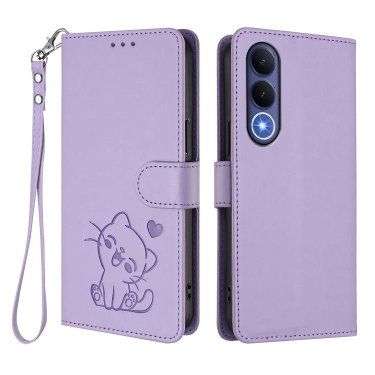 For vivo V70 FE 5G Embossed Heart Cat Leather Phone Case with Hand Strap