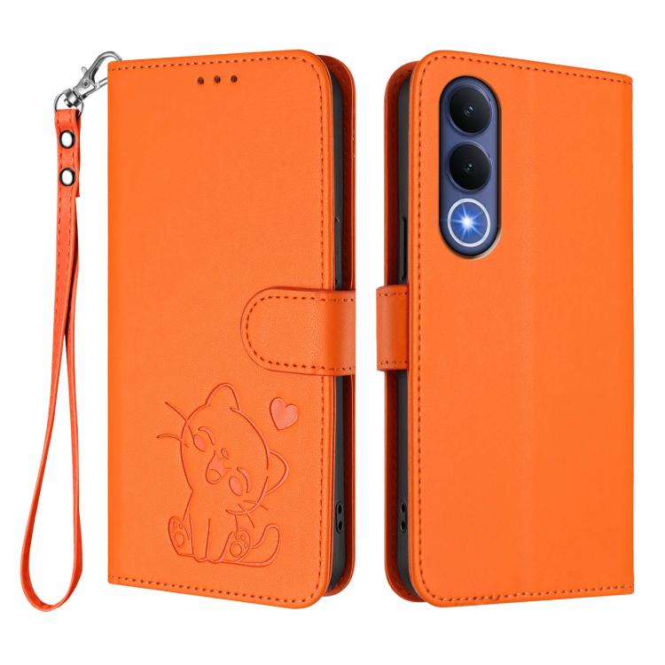 For vivo V70 FE 5G Embossed Heart Cat Leather Phone Case with Hand Strap
