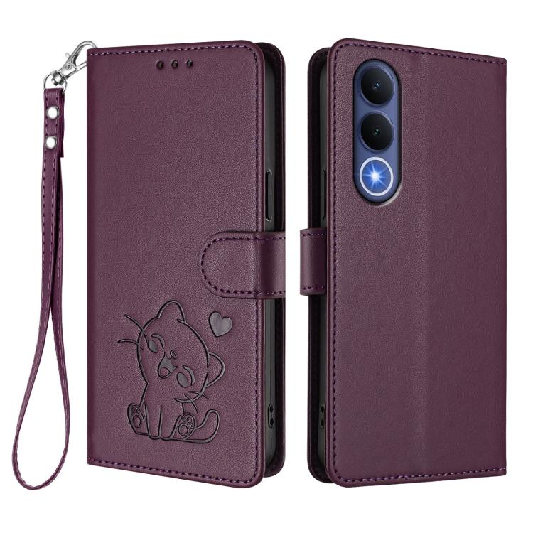 For vivo V70 FE 5G Embossed Heart Cat Leather Phone Case with Hand Strap