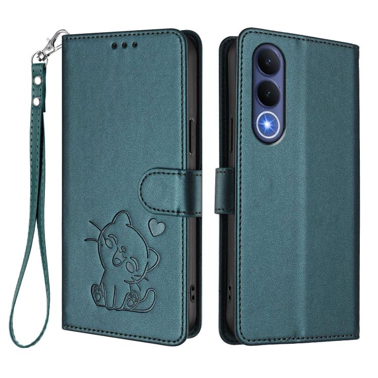 For vivo V70 FE 5G Embossed Heart Cat Leather Phone Case with Hand Strap