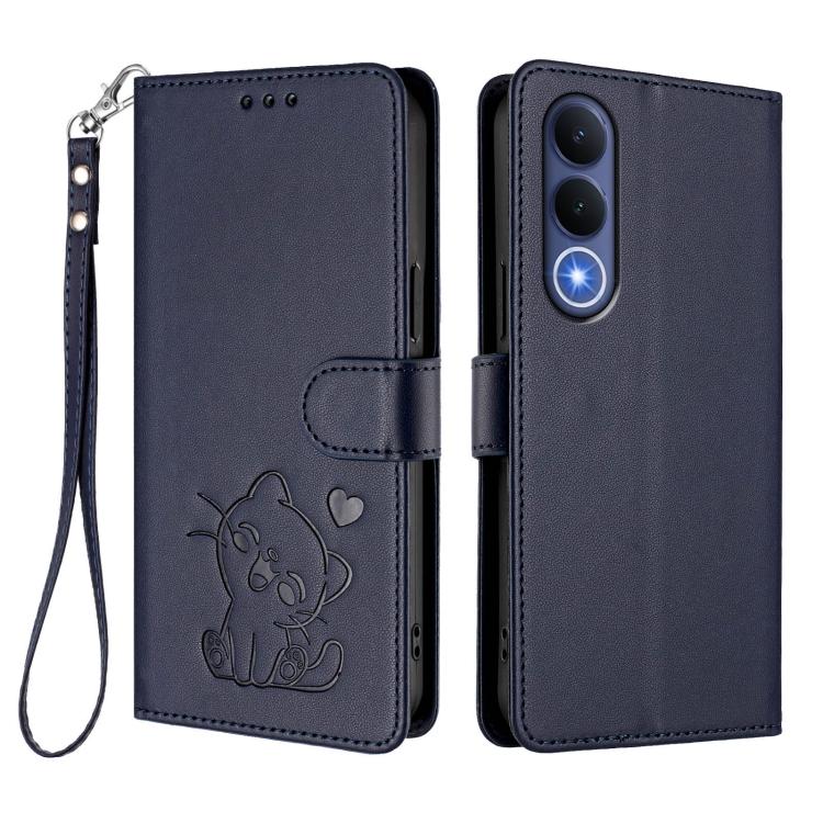 For vivo V70 FE 5G Embossed Heart Cat Leather Phone Case with Hand Strap