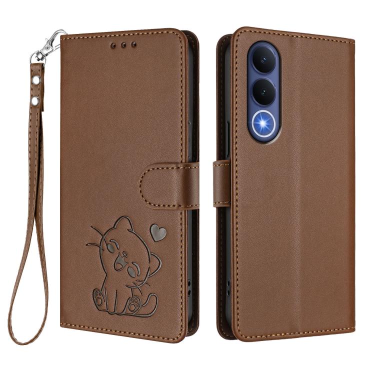 For vivo V70 FE 5G Embossed Heart Cat Leather Phone Case with Hand Strap
