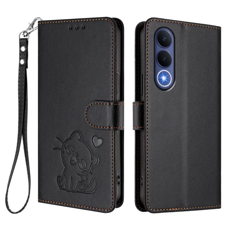 For vivo V70 FE 5G Embossed Heart Cat Leather Phone Case with Hand Strap