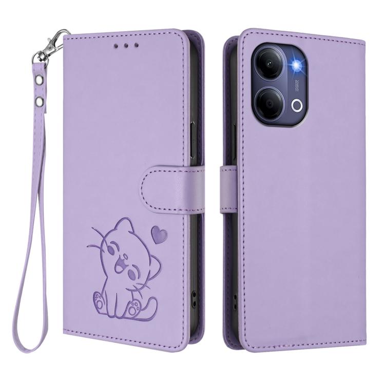 For vivo Y21 5G 2026 / vivo Y05 4G Embossed Heart Cat Leather Phone Case with Hand Strap