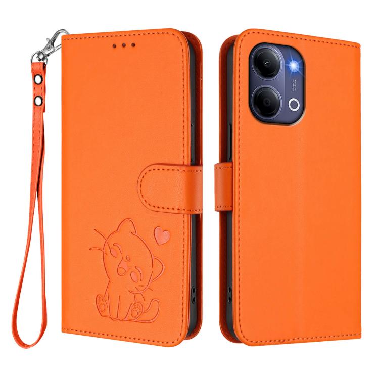For vivo Y21 5G 2026 / vivo Y05 4G Embossed Heart Cat Leather Phone Case with Hand Strap