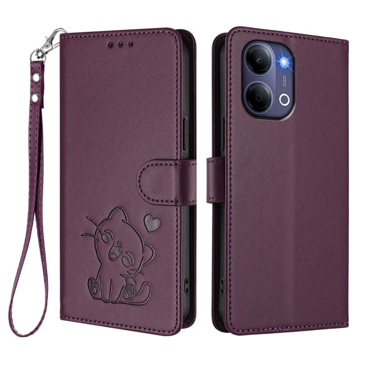 For vivo Y21 5G 2026 / vivo Y05 4G Embossed Heart Cat Leather Phone Case with Hand Strap