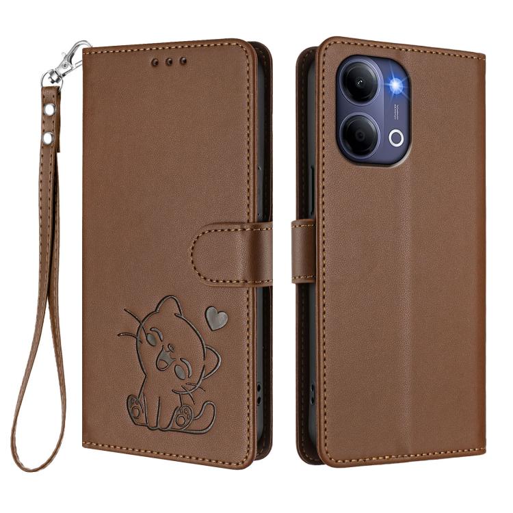 For vivo Y21 5G 2026 / vivo Y05 4G Embossed Heart Cat Leather Phone Case with Hand Strap