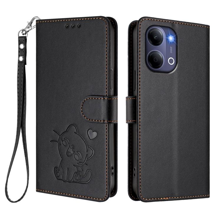 For vivo Y21 5G 2026 / vivo Y05 4G Embossed Heart Cat Leather Phone Case with Hand Strap