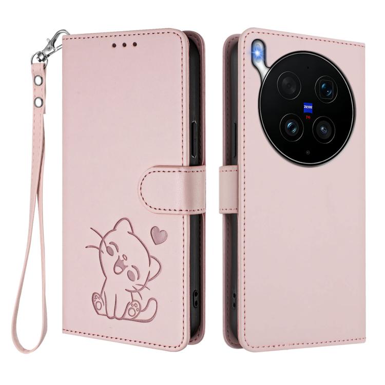 For vivo X300 Ultra Embossed Heart Cat Leather Phone Case with Hand Strap