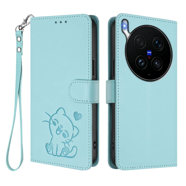 For vivo X300 Ultra Embossed Heart Cat Leather Phone Case with Hand Strap