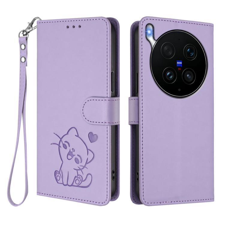 For vivo X300 Ultra Embossed Heart Cat Leather Phone Case with Hand Strap