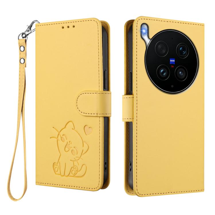 For vivo X300 Ultra Embossed Heart Cat Leather Phone Case with Hand Strap