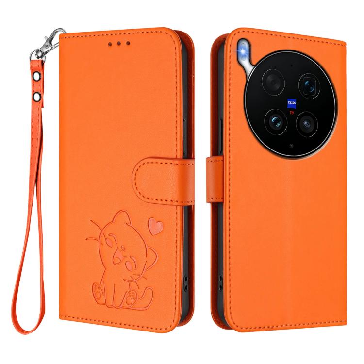 For vivo X300 Ultra Embossed Heart Cat Leather Phone Case with Hand Strap