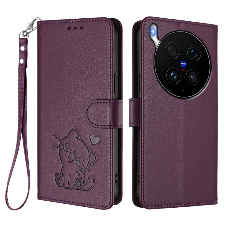 For vivo X300 Ultra Embossed Heart Cat Leather Phone Case with Hand Strap