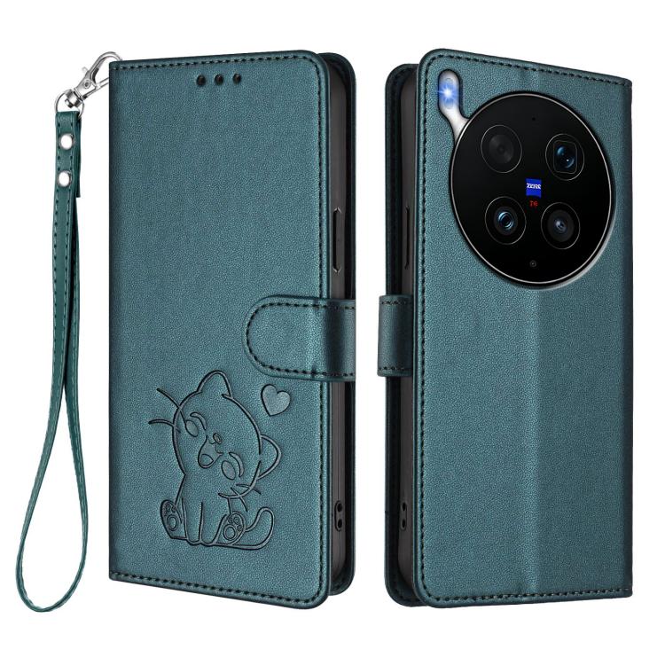 For vivo X300 Ultra Embossed Heart Cat Leather Phone Case with Hand Strap