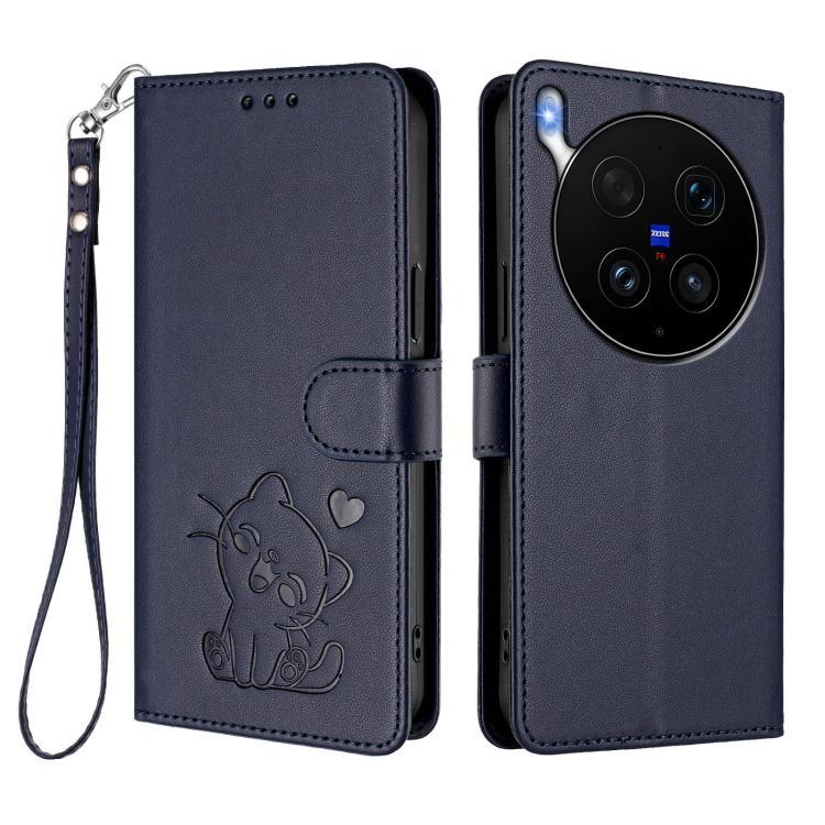 For vivo X300 Ultra Embossed Heart Cat Leather Phone Case with Hand Strap